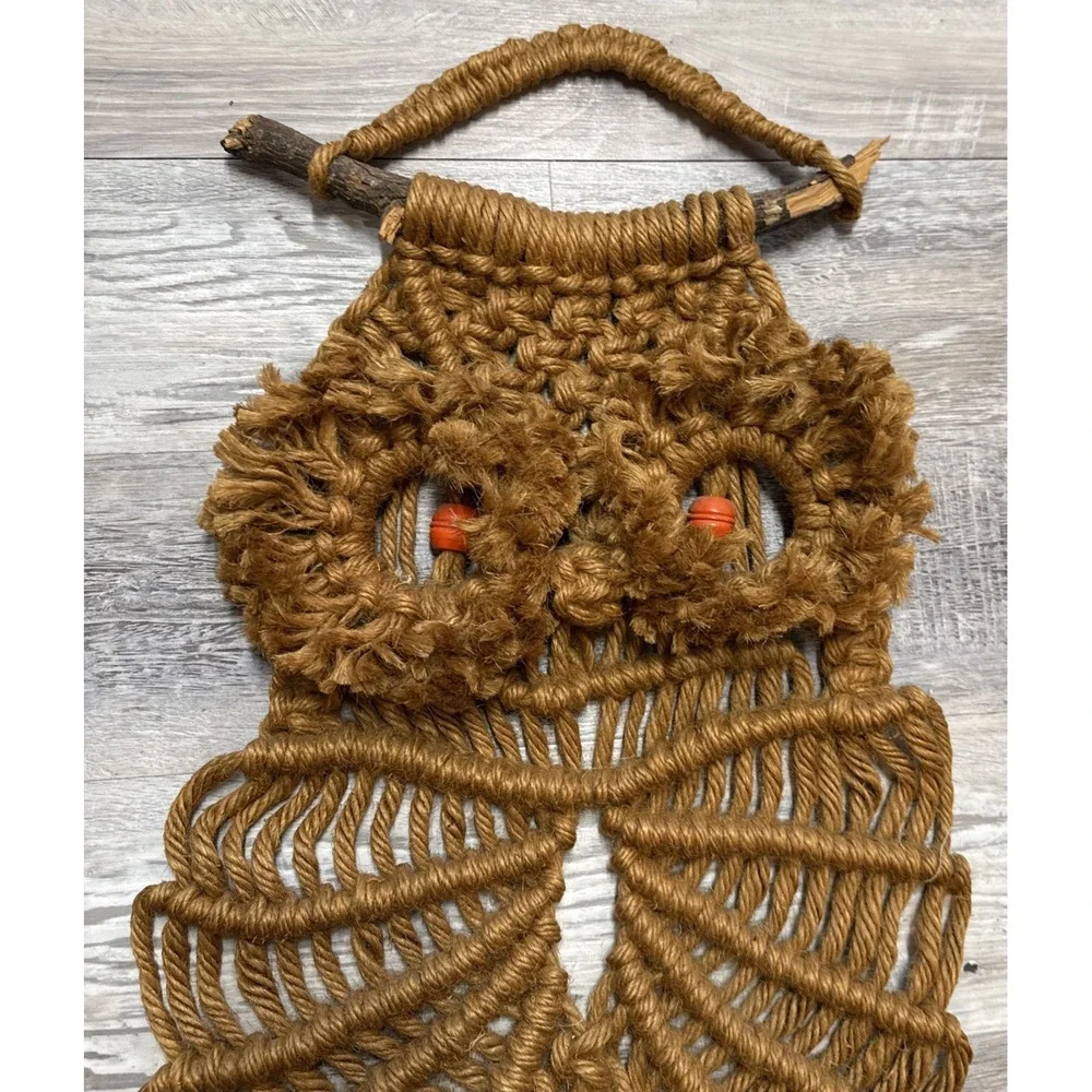 Vintage 1970's Boho Macrame Jute‎ Bead Owl Wall Hanging Decor Folk Art 33